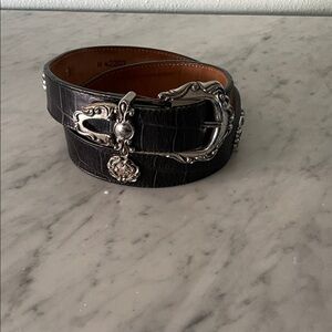 Brighton Black Leather Alligator Embossed Belt with Silver Buckle